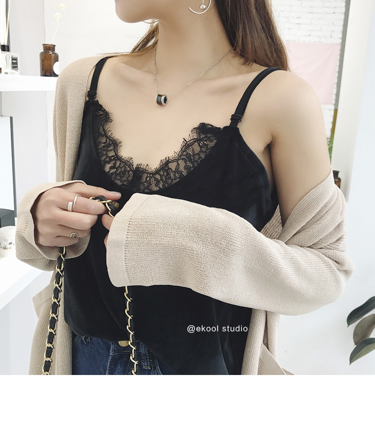 EKOOL retro nhung khâu ren yếm nữ phiên bản Hàn Quốc của mùa thu đơn giản áo sơ mi mỏng đáy đa năng áo vest nữ hàn quốc