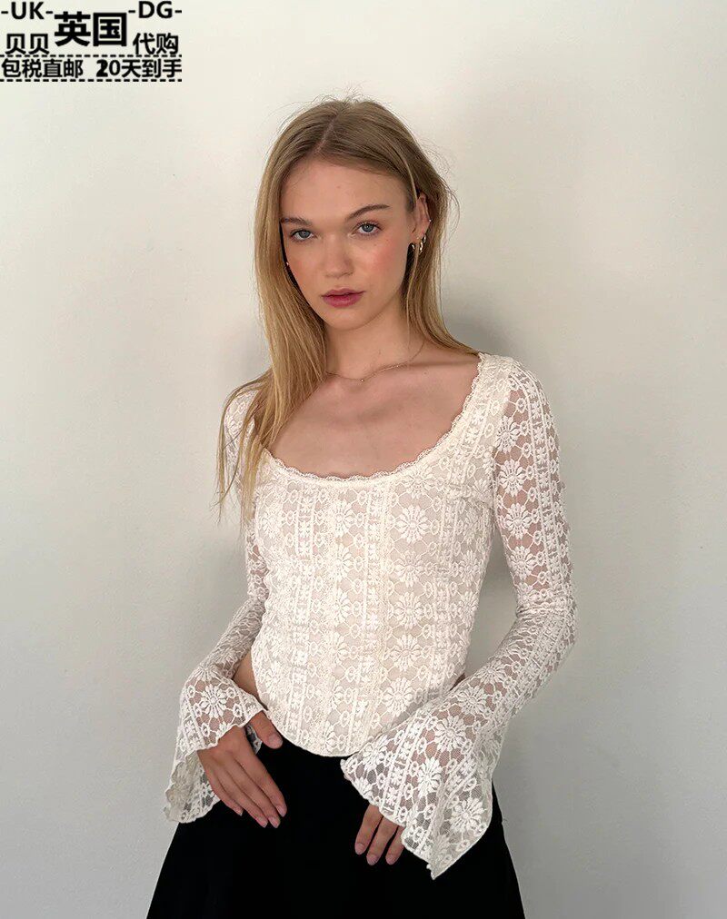 Motel Rocks women's clothing UK straight mail UO new Belle low collar horn sleeves lace blouses-Taobao