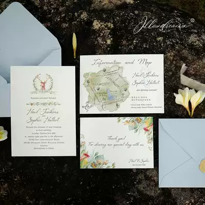 Advanced wedding invitation custom hand-painted illustration wedding invitation Mori custom-made European invitation letter invitation Green