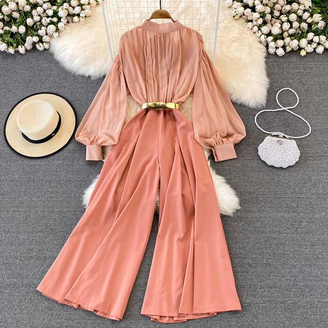 French-Style Elegant and Gentle Retro Stand-Up Collar Lantern Sleeve Waist-Cinching Slimming Wide-Leg Jumpsuit Fashion Romper