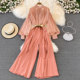 French-Style Elegant and Gentle Retro Stand-Up Collar Lantern Sleeve Waist-Cinching Slimming Wide-Leg Jumpsuit Fashion Romper