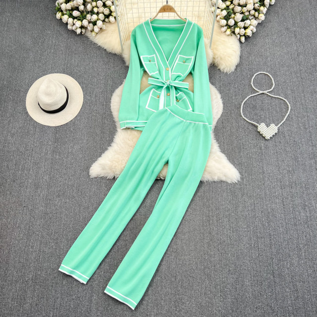 Fashion suit women's retro color contrast long-sleeved V-neck single-breasted knitted cardigan two-piece set high-waist straight-leg wide-leg pants