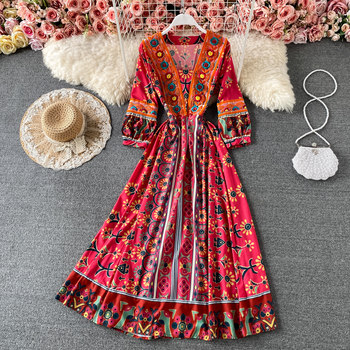 Spring new bohemian ethnic style big swing long skirt travel vacation heavy industry embroidery V-neck color dress