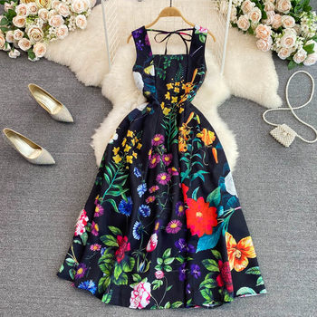 French-Style High-End Vintage Tea Break Dress, Summer Fashion, Elegant, Slimming, Sleeveless, Backless, Waist-Cinching, Printed A-Line Dress