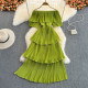 Summer one-word collar strapless sweet ruffled temperament cake dress seaside vacation beach skirt elegant long skirt