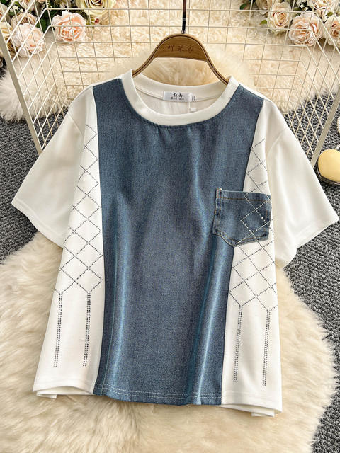 2025 summer design, loose and slim denim stitching, round neck short-sleeved top + wide-leg pants two-piece set