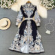 High-end shirt dress retro court style temperament lapel waist slimming single-breasted printed a-line dress