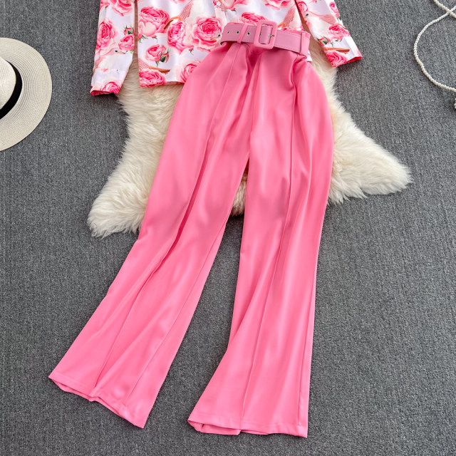 Fashion suit celebrity temperament stand-up collar loose rose print long-sleeved shirt two-piece set high-waist straight-leg wide-leg pants