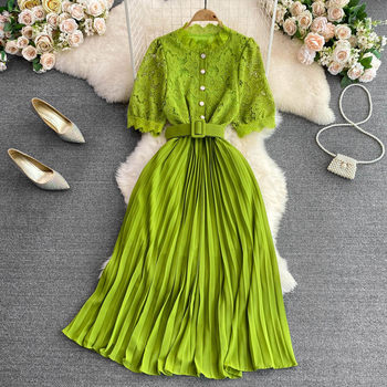 Light familiar style retro temperament short-sleeved round neck water-soluble hollow lace stitching pleated dress elegant long skirt