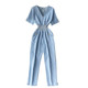 V-neck denim jumpsuit women's 2021 summer new casual workwear jumpsuit short-sleeved high-waisted loose-fitting pants