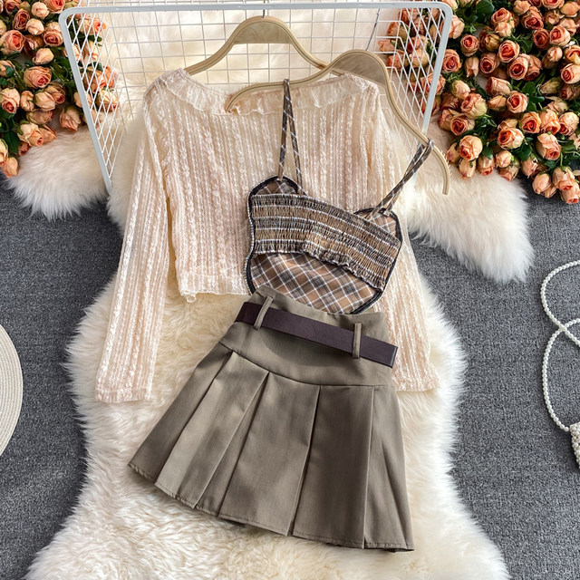 Summer pleated skirt three-piece set is thin and short hot girl camisole long-sleeved chiffon cardigan jacket suit