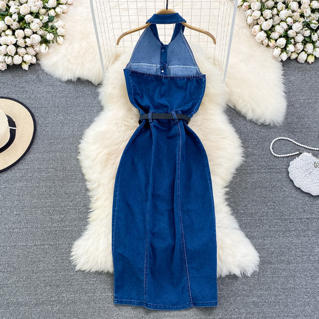 Summer new trendy western style fried street temperament lapel single-breasted button open back sleeveless denim dress elegant long skirt