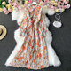 Lace-up bow collar large swing chiffon dress new Mori fashion temperament waist floral pleated long skirt