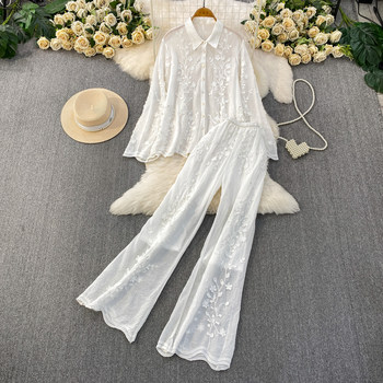 Early Autumn Outfit: Thin Crochet Lace Long-Sleeve Sun Protection Shirt Jacket, Versatile Loose Drape Casual Pants Two-Piece Set