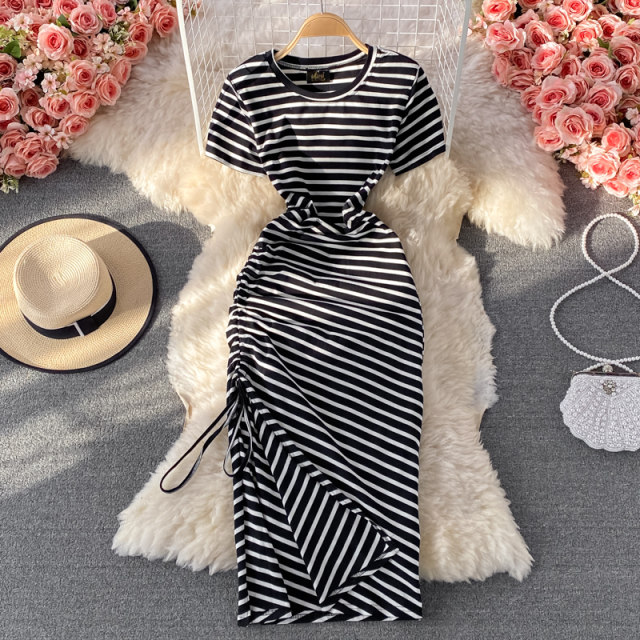 European station summer new slim waist casual side drawstring super long knee slit striped T-shirt dress