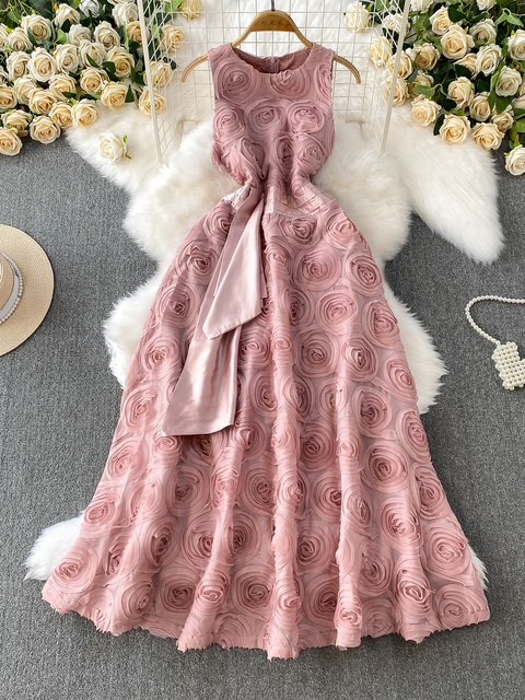 High-end temperament three-dimensional flower round neck sleeveless dress for women summer high-end evening dress skirt waist slimming