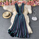 2023 summer new Korean style fashion long skirt temperament V-neck waist slimming slim jacquard swing dress sleeveless