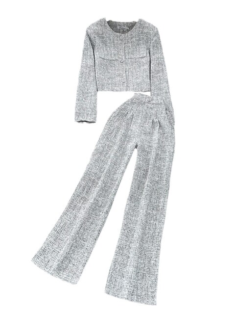 Fashion Suit Women's Korean Style Round Neck Single-Breasted Shirt Jacket Two-piece Casual High Waist Slim Straight Leg Wide Leg Pants