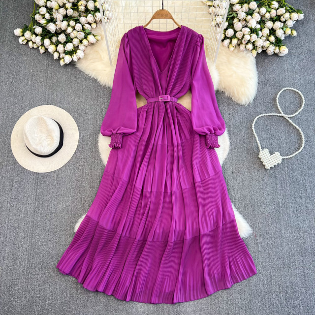 French retro commuter temperament bubble long-sleeved V-neck waist slimming A-line pleated dress elegant big swing long skirt