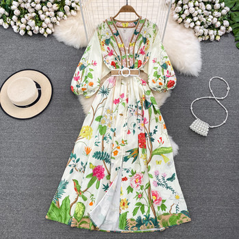 High-end light luxury temperament V-neck waist slimming single-breasted printed a-line dress commuting big swing dress long skirt