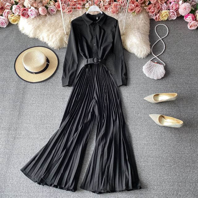 Fashion temperament slim shirt collar jumpsuit pleated wide-leg flared pants waist tie wide-legged jumpsuit