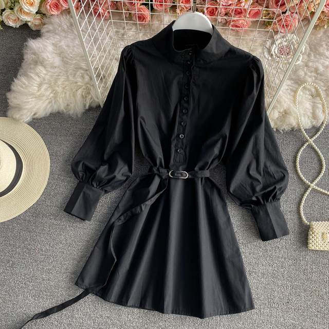 Mid-length stand-up collar shirt women's new spring 2023 waist slimming single-breasted fashion puff sleeve dress