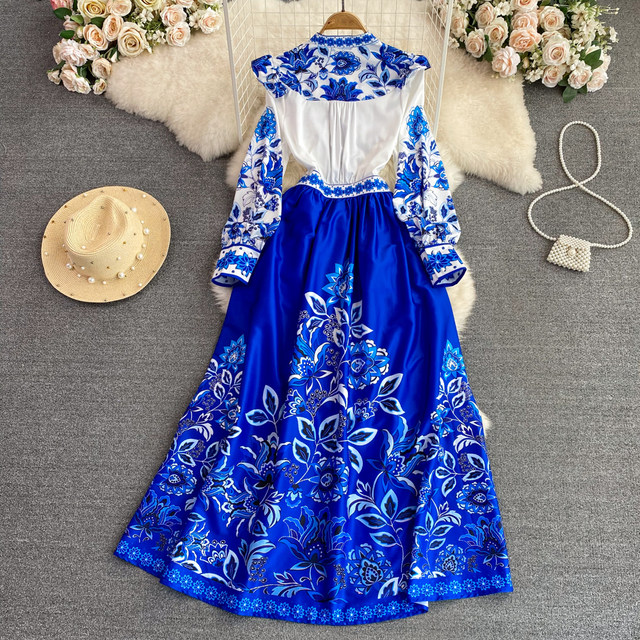 Retro court style long-sleeved V-neck ruffled waist single-breasted printed A-line dress elegant long skirt