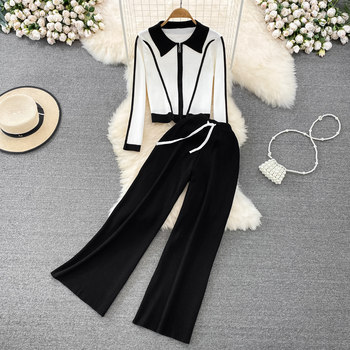 Fashion suit high waist straight wide leg trousers two-piece suit for age reduction sweet retro contrast color doll collar knitted top