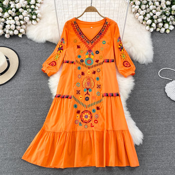 Bohemian ethnic style embroidery V-neck loose cotton and linen a-line big swing dress seaside holiday big swing long skirt