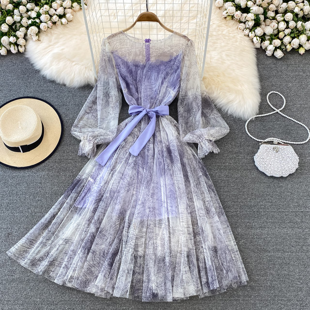 Super fairy perspective ink retro puff sleeves waist thin round neck mesh dress elegant temperament large swing dress