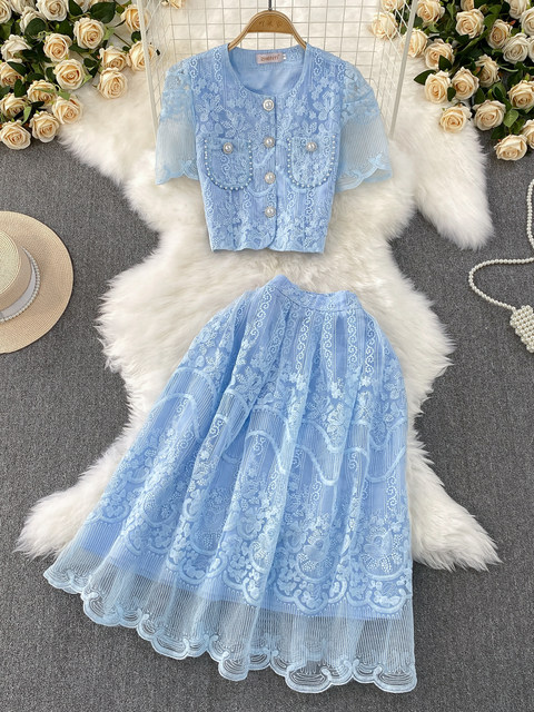 Ladylike temperament lace embroidery two-piece set for women 2025 new summer petite high-end top + skirt
