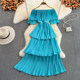 Summer one-word collar strapless sweet ruffled temperament cake dress seaside vacation beach skirt elegant long skirt