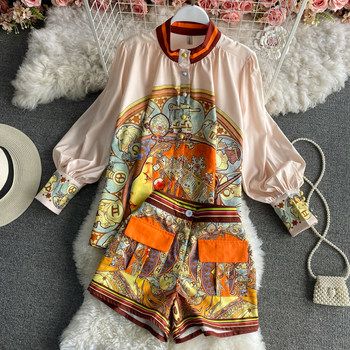 2021 new Hong Kong style suit women's retro chic spring floral short skirt printed shirt suit skirt two-piece suit