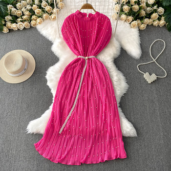 Elegant Socialite Style Heavy Pearl Trim Round Neck Dress for Women, New Summer Waist-Cinching Slimming Pleated Long Dress