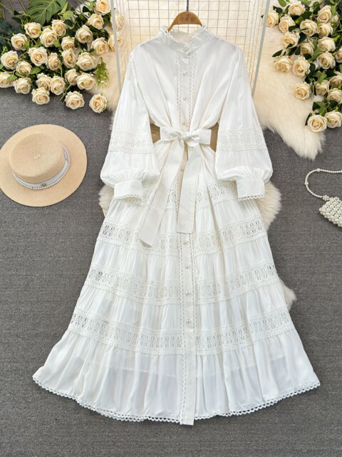 2025 Spring and Autumn European and American Fashion Lantern Long Sleeve Stand Collar Waist Slimming Lace Splicing A-Line Swing Dress