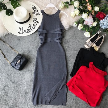 2021 summer Korean version side slit bag hip mid-length suspenders bottoming knitted dress black vest mid-length skirt female