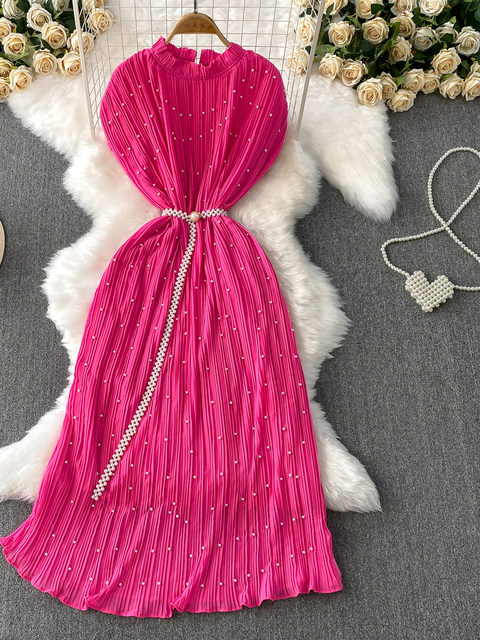 Elegant Socialite Style Heavy Pearl Trim Round Neck Dress for Women, New Summer Waist-Cinching Slimming Pleated Long Dress
