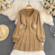 Autumn and winter Korean chic retro hemp pattern V-neck waist slim lantern sleeve a-line knitted sweater dress