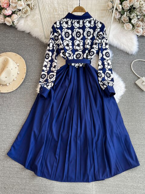 Fashionable and Luxurious Long-Sleeved Dress with a Lapel, Waist-Cinching, Slimming, Single-Breasted, A-Line, Printed, and Flared Hem