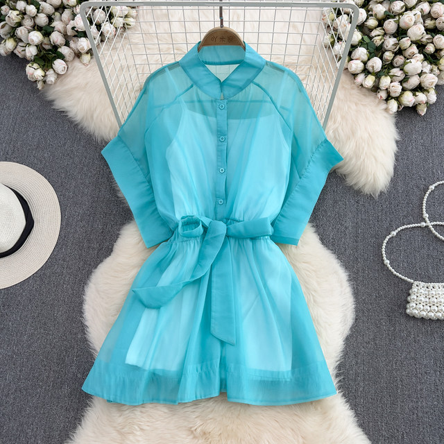 2023 Korean version of the new design sense stand-up collar micro-permeable light chiffon bat sleeve dress suspenders two-piece set for women