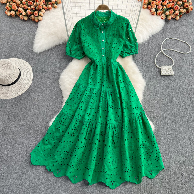 Spring and autumn Korean version of the high waist and thin puff sleeves doll collar dress elegant temperament holiday big swing long skirt