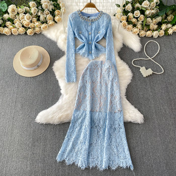 High-End Socialite Light Luxury Unique Lace Shirt with Heavy Rhinestone Embellishment Round Neck Jacket Set High-Waisted Elegant Fishtail Long Skirt