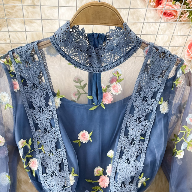 Fairy Super Fairy Sen Department Swing Long Skirt Autumn Light Luxury High-end Embroidered Mesh Floral Blue Stand Collar Dress
