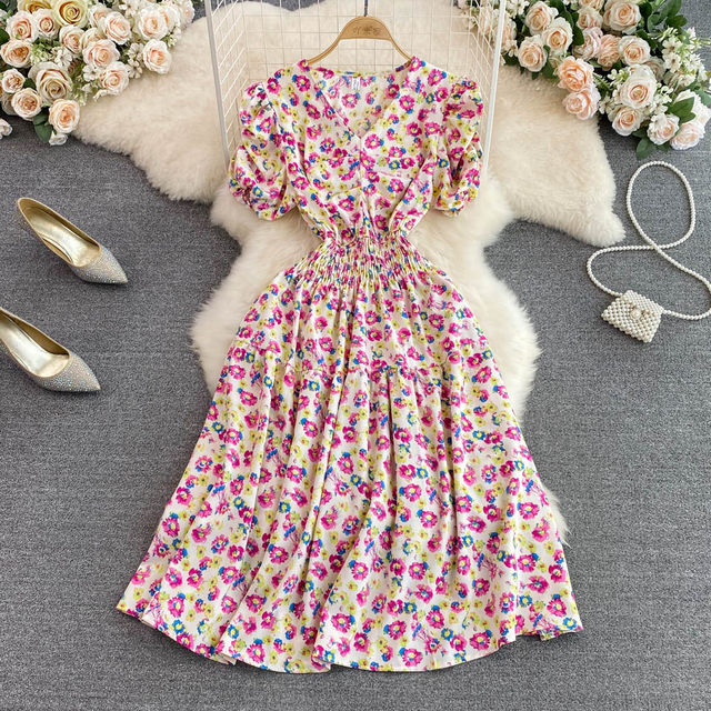 French V-neck floral dress women's design sense checkered dress women's summer sweet waist slim puff sleeve skirt