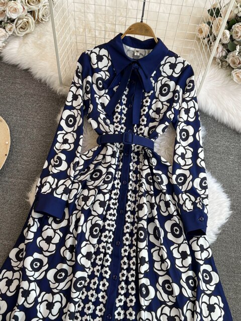 Fashionable and Luxurious Long-Sleeved Dress with a Lapel, Waist-Cinching, Slimming, Single-Breasted, A-Line, Printed, and Flared Hem
