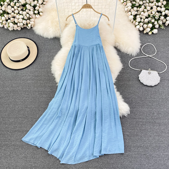 Fashion A-word sleeveless backless dress seaside photo suspender skirt blue big swing long skirt super fairy beach skirt