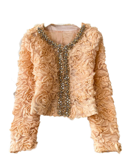2025 New Style Three-Dimensional Floral Heavy Beading Short Jacket for Women, High-End Socialite Rhinestone Fashion Age-Reducing Lace Top