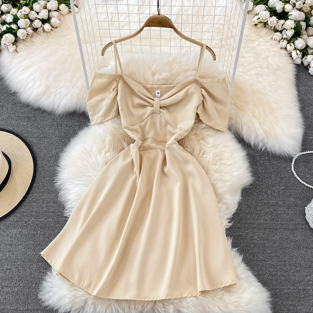 Summer Korean version of the high-waist thin bow-knot suspender dress evening dress skirt fashion one-shoulder off-the-shoulder dress short-sleeved