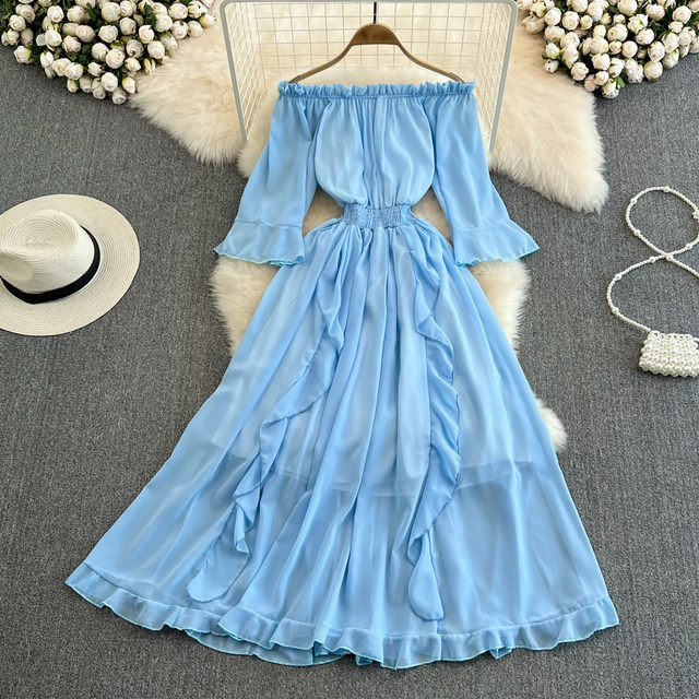 Seaside holiday beach dress super fairy forest one-shoulder off-the-shoulder ruffled chiffon dress elegant long skirt