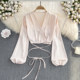 2023 Spring New Korean Style Deep V Neck Puff Sleeve Slim Shirt Female Western Style Chic Short Navel Showing Top